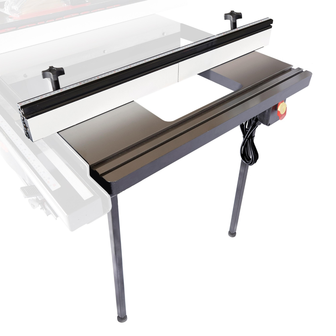SawStop 30″ In-Line Router Table RT-TGI mounted to a table saw, featuring a large precision router table surface, adjustable fence system, and integrated professional woodworking design.