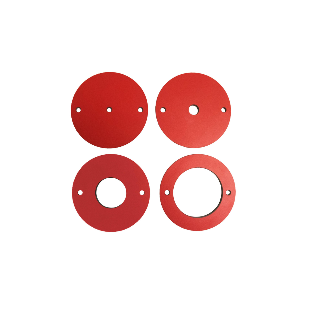 SawStop 4-Piece Phenolic Insert Ring Set for Router Lift RT-PIR featuring four precision-machined phenolic insert rings with multiple opening sizes designed for router bit clearance, workpiece support, and compatibility with the SawStop RT-LFT Router Lift.