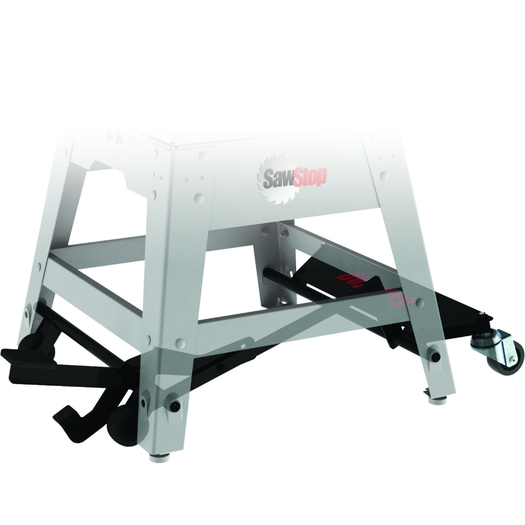 SawStop Contractor Saw Mobile Base MB-CNS-000 installed beneath a SawStop Contractor Saw, featuring a rugged steel frame, foot-operated lift mechanism, and durable caster wheels for easy mobility.