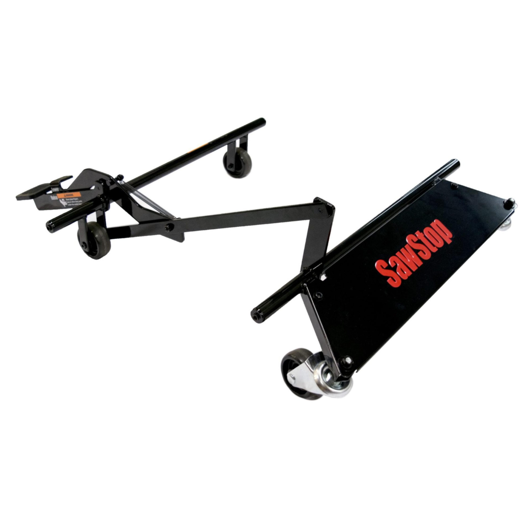 SawStop Contractor Saw Mobile Base MB-CNS-000 mounted on a contractor table saw with extension table, demonstrating smooth movement and stable support in a woodworking shop.