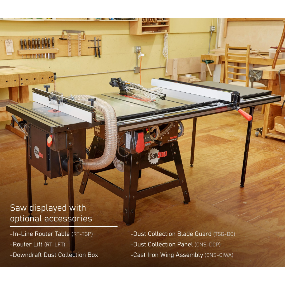 SawStop Contractor Saw installed in a woodworking shop environment, showcasing stability, precision cutting, and versatile workshop applications.