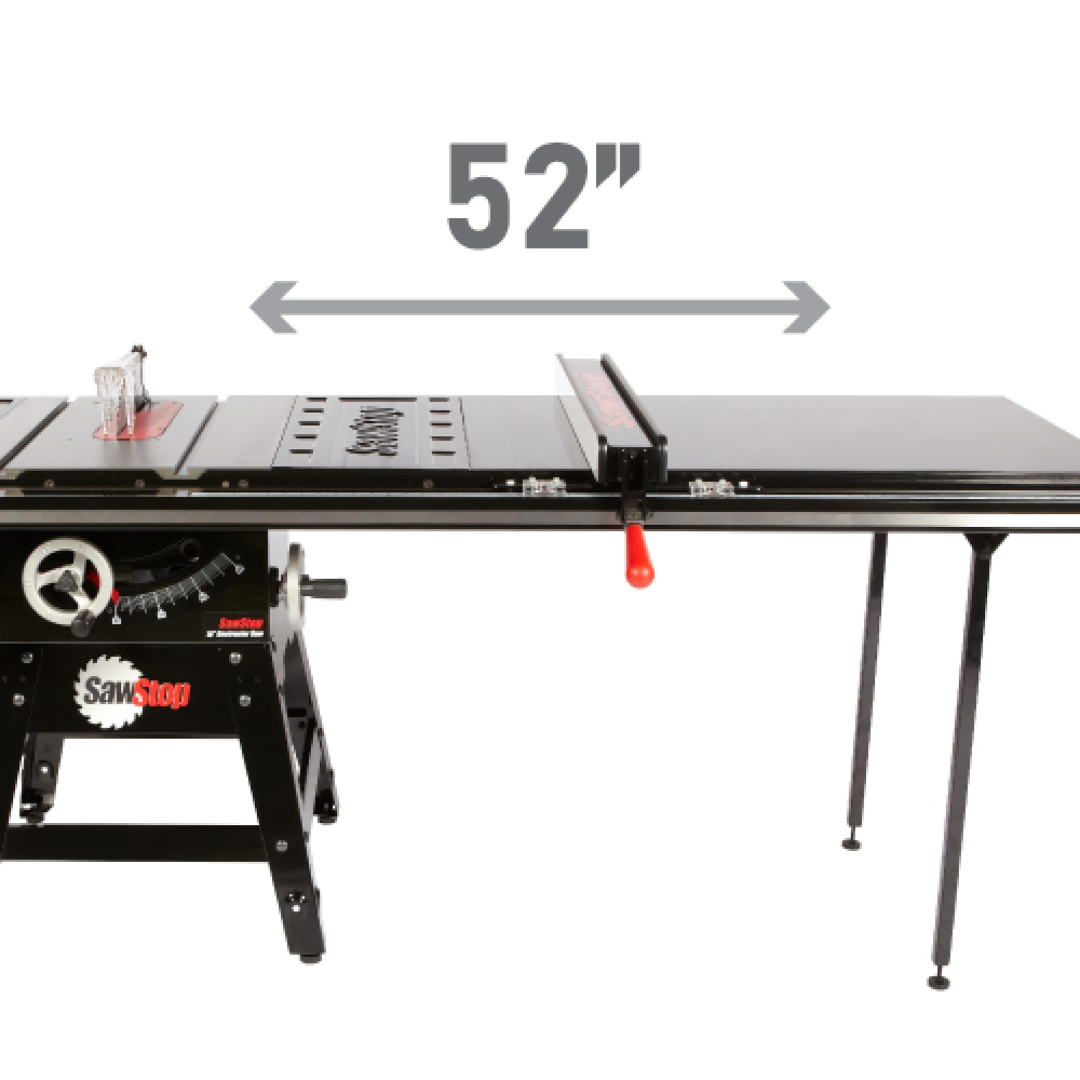 SawStop Contractor Saw showing 52-inch rip capacity and extended table configuration for handling large sheet goods and woodworking projects.