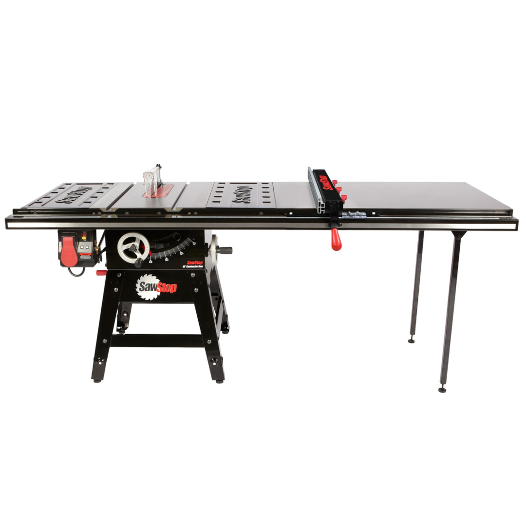 SawStop Contractor Saw with extended cast iron work surface, precision fence system, and professional-grade safety technology for woodworking applications.