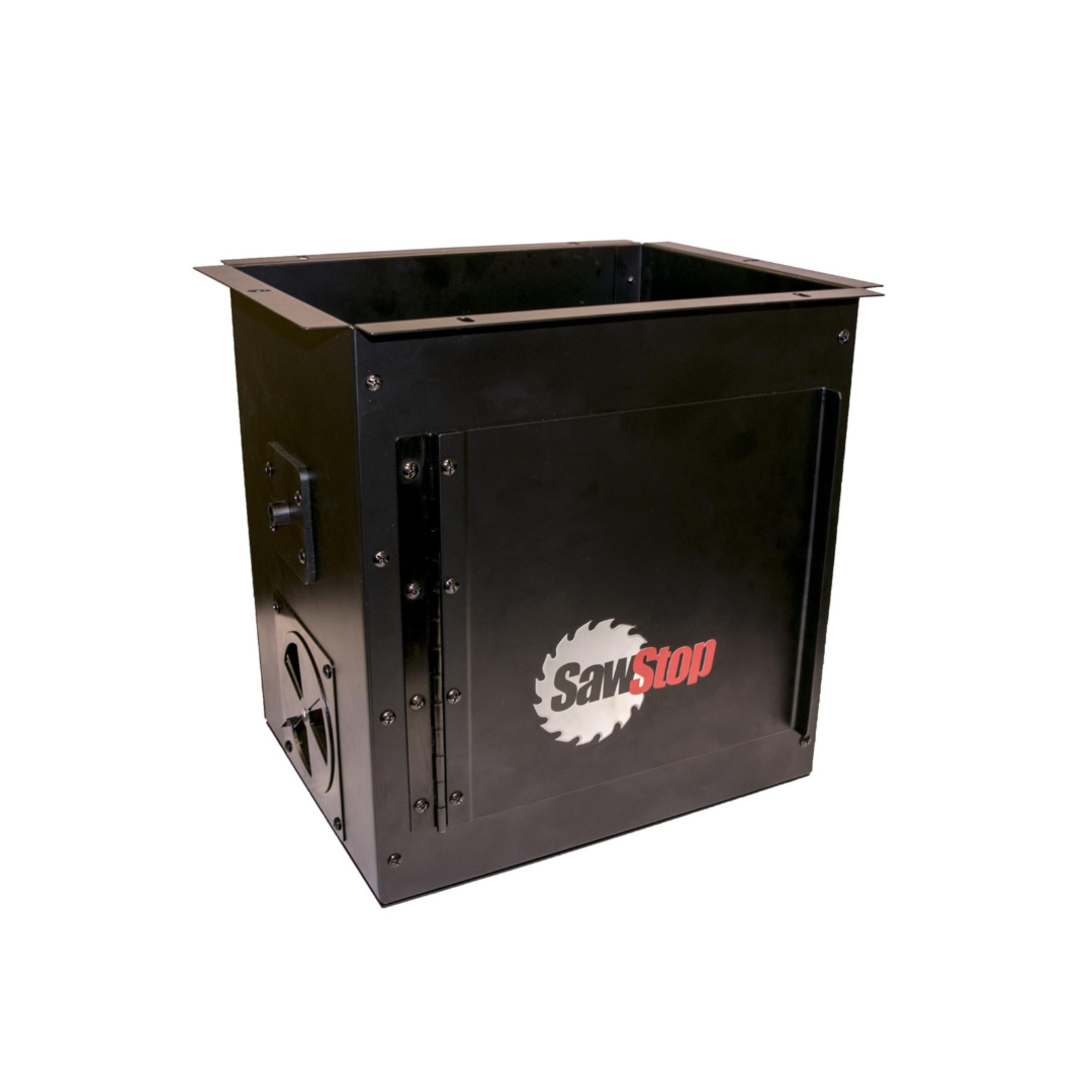 SawStop Downdraft Dust Collection Box for Router Tables RT-DCB featuring a durable black steel enclosure with integrated access door, designed to improve dust extraction and debris control for router table installations.