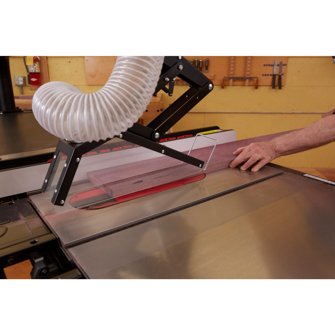 SawStop Floating Overarm Dust Collection TSG-FDC collecting dust above the cutting surface while maintaining unobstructed visibility of the workpiece.