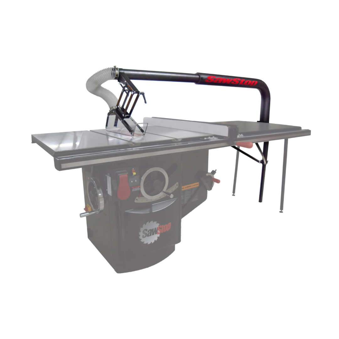 SawStop Floating Overarm Dust Collection TSG-FDC mounted above a cabinet saw, providing efficient overhead dust extraction and improved workshop air quality.