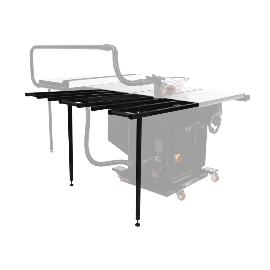 SawStop Folding Outfeed Table TSA-FOT mounted behind a table saw, providing expanded material support for safer handling of large panels, sheet goods, and long workpieces.