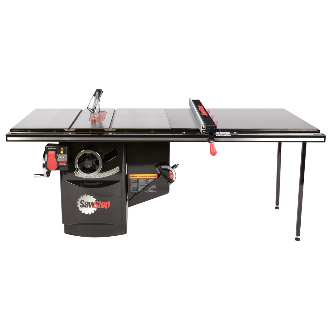 SawStop Industrial Cabinet Saw with extended cast iron table, 52-inch fence system, and industrial-grade construction designed for high-production woodworking environments.