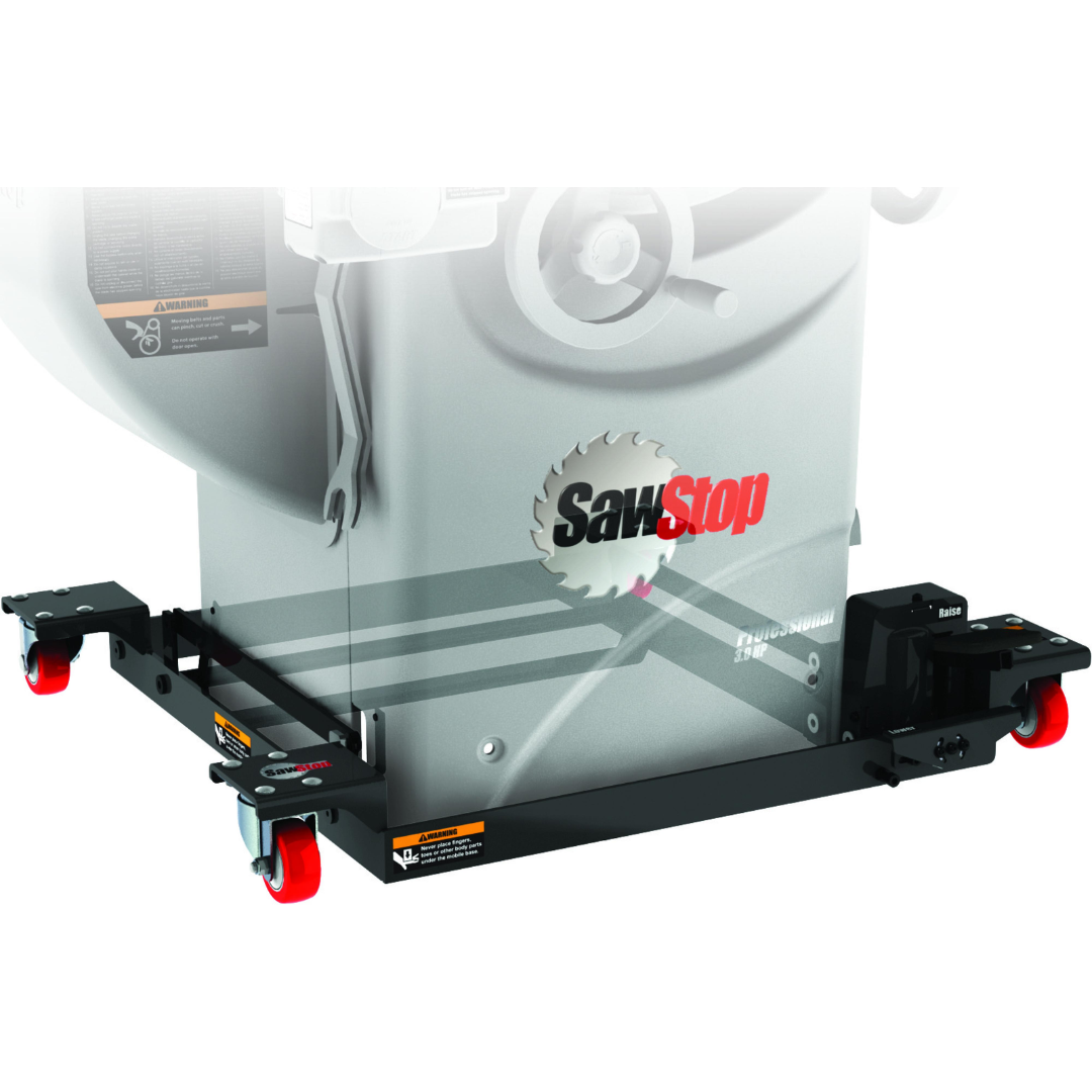 SawStop Industrial Mobile Base For PCS MB-PCS-IND mounted beneath a SawStop cabinet saw, featuring a heavy-duty steel frame, integrated lifting mechanism, and industrial-grade swivel casters for enhanced workshop mobility.