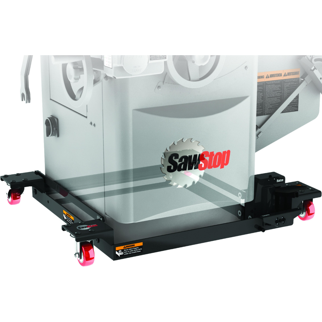 SawStop Industrial Saw Mobile Base MB-IND-000 installed beneath an Industrial Cabinet Saw, featuring a heavy-duty welded steel frame, hydraulic lift system, and industrial-grade caster wheels for effortless mobility.