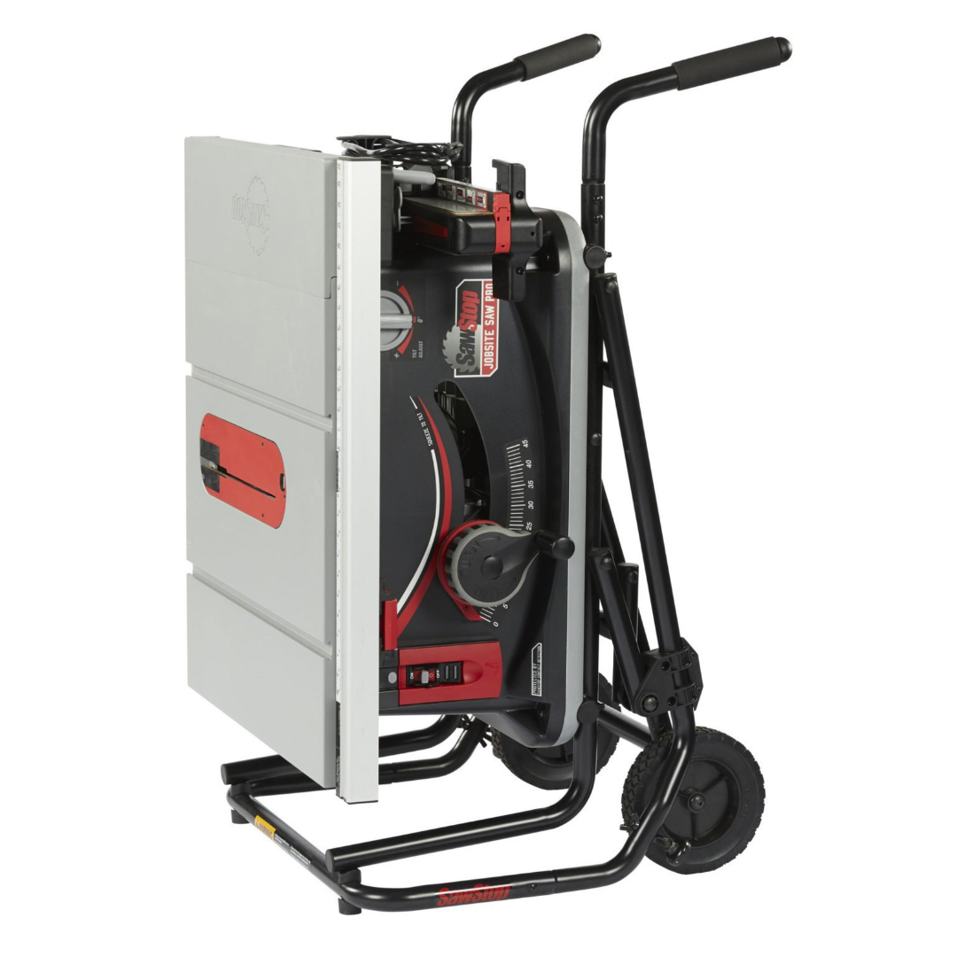 SawStop Jobsite Saw Pro folded into transport mode with integrated wheels and handle for easy jobsite mobility and storage.