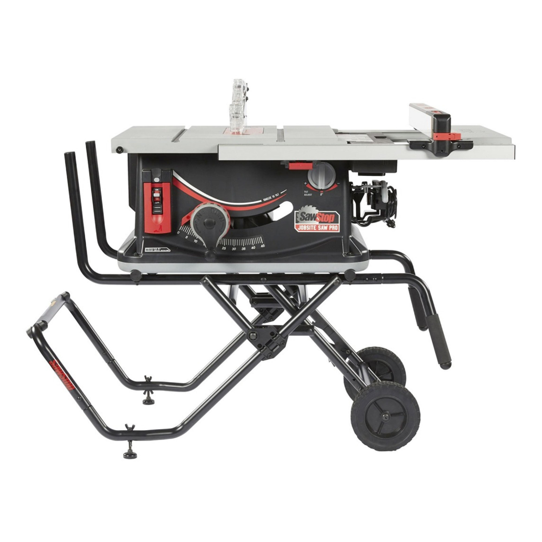 SawStop Jobsite Saw Pro mounted on a mobile rolling stand, featuring professional-grade portability, precision cutting performance, and advanced table saw safety technology.