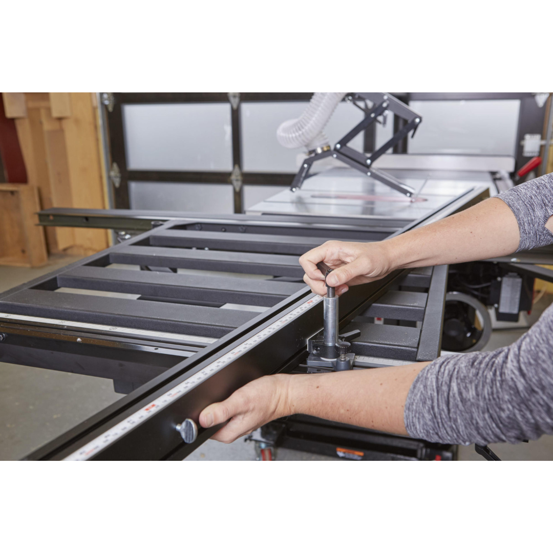 SawStop Large Sliding Table TSA-SA70 close-up view highlighting the precision fence system, adjustable stops, and durable construction for repeatable cutting performance.