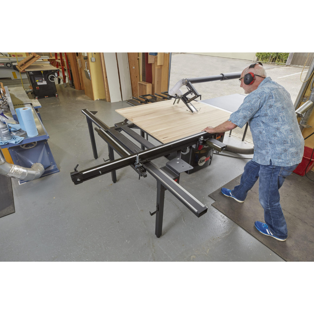 SawStop Large Sliding Table TSA-SA70 supporting oversized workpieces during cutting operations, demonstrating improved accuracy, stability, and operator safety.