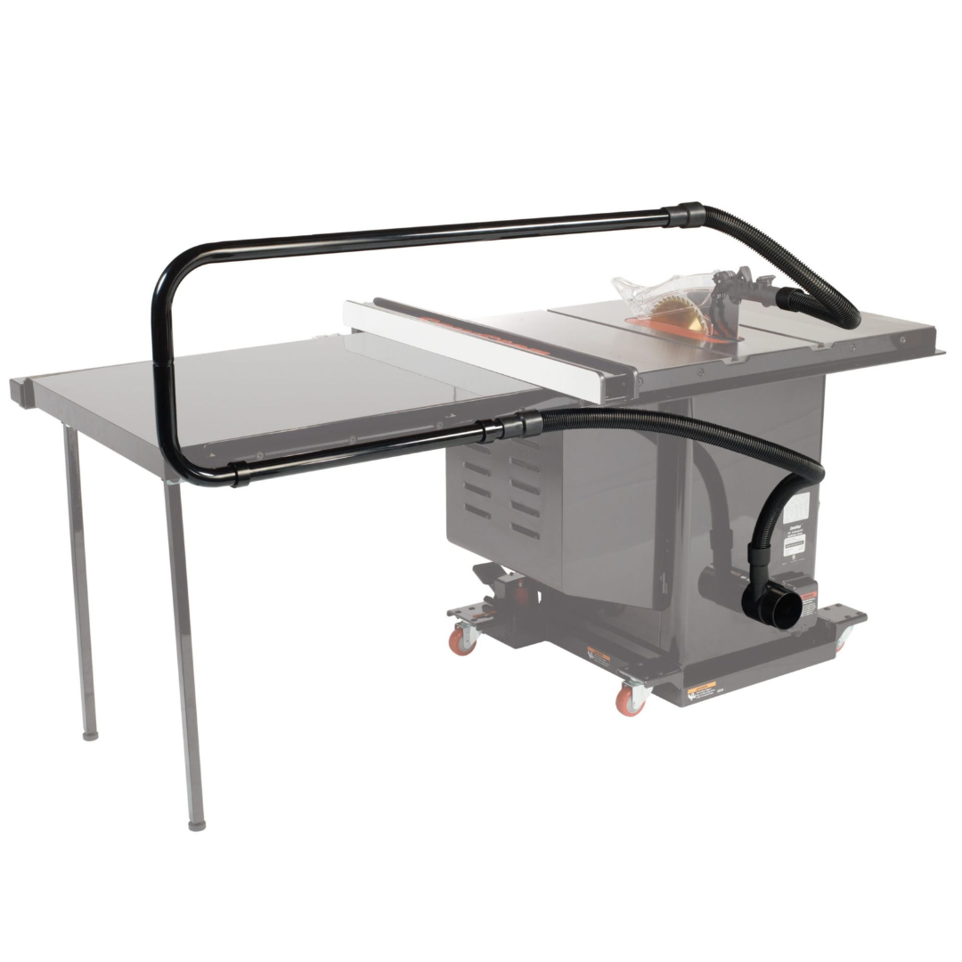 SawStop Overarm Dust Collection TSA-ODC mounted above a cabinet saw, providing efficient overhead dust extraction, improved air quality, and enhanced visibility during woodworking operations.