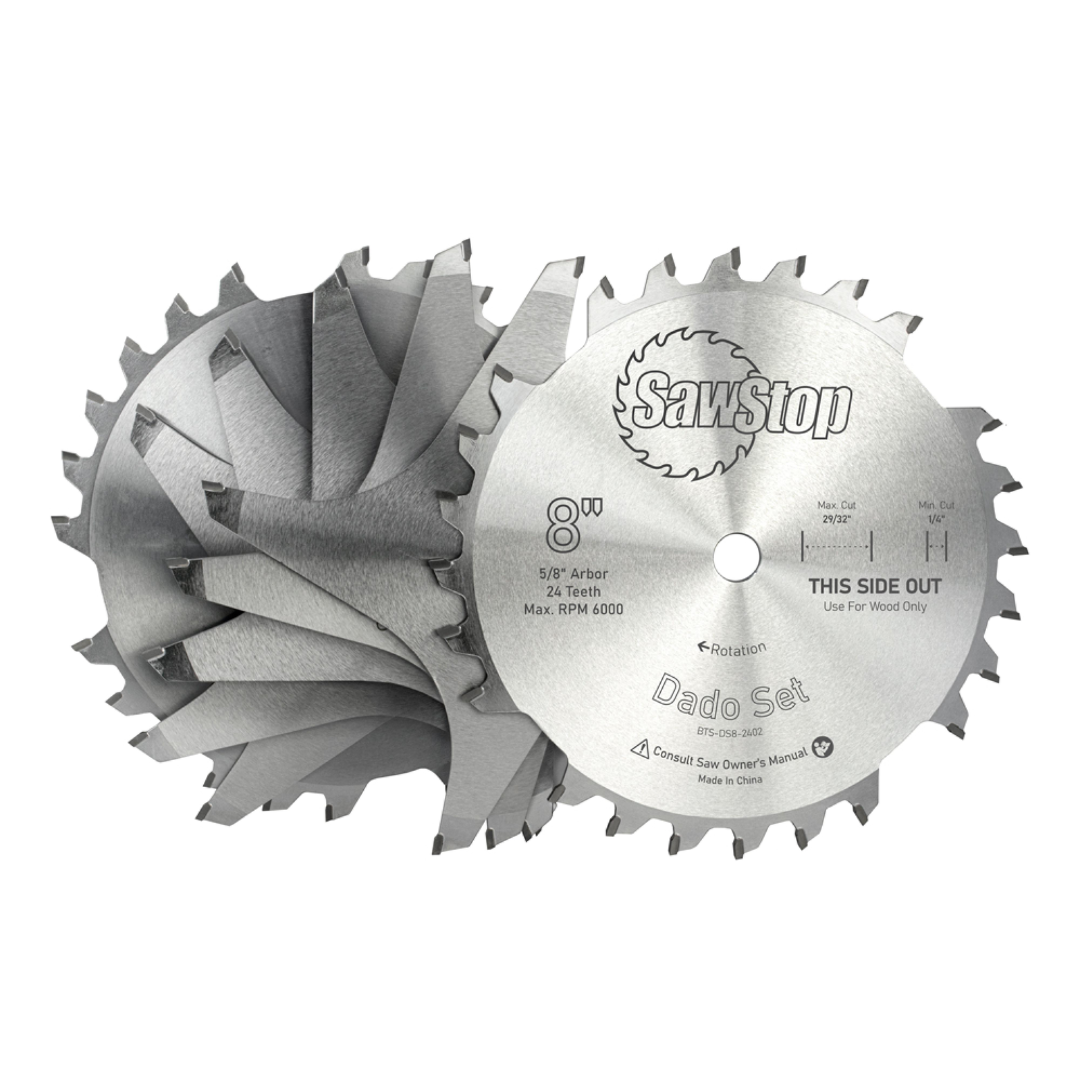 SawStop Premium Dado Set Systainer BTS-DS8-SYS carbide-tipped dado blade set with precision-engineered cutters and chippers designed for clean, accurate dado and groove cutting.
