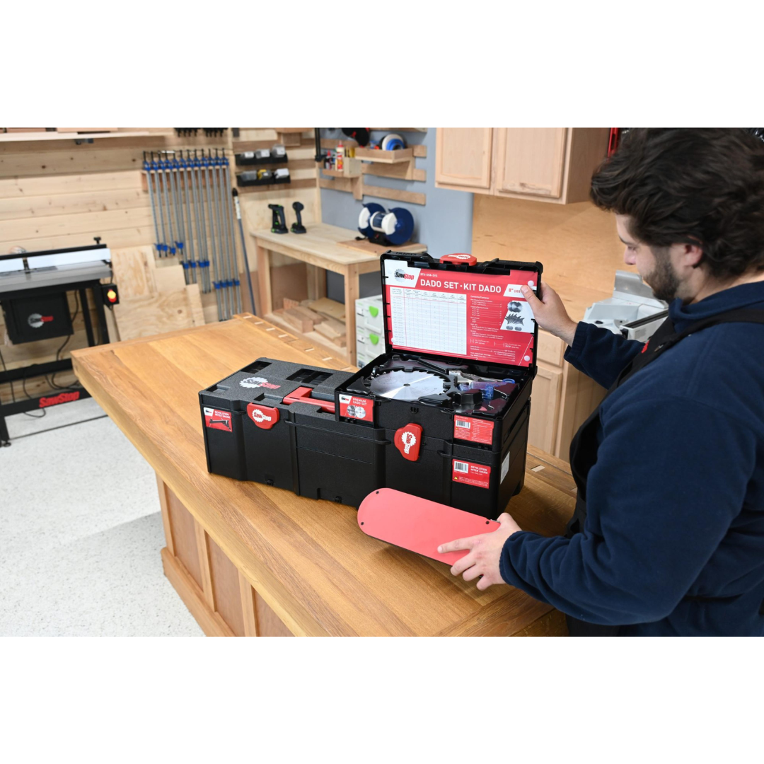 SawStop Premium Dado Set Systainer BTS-DS8-SYS displayed on a woodworking bench in a professional workshop environment highlighting premium storage and accessibility features.