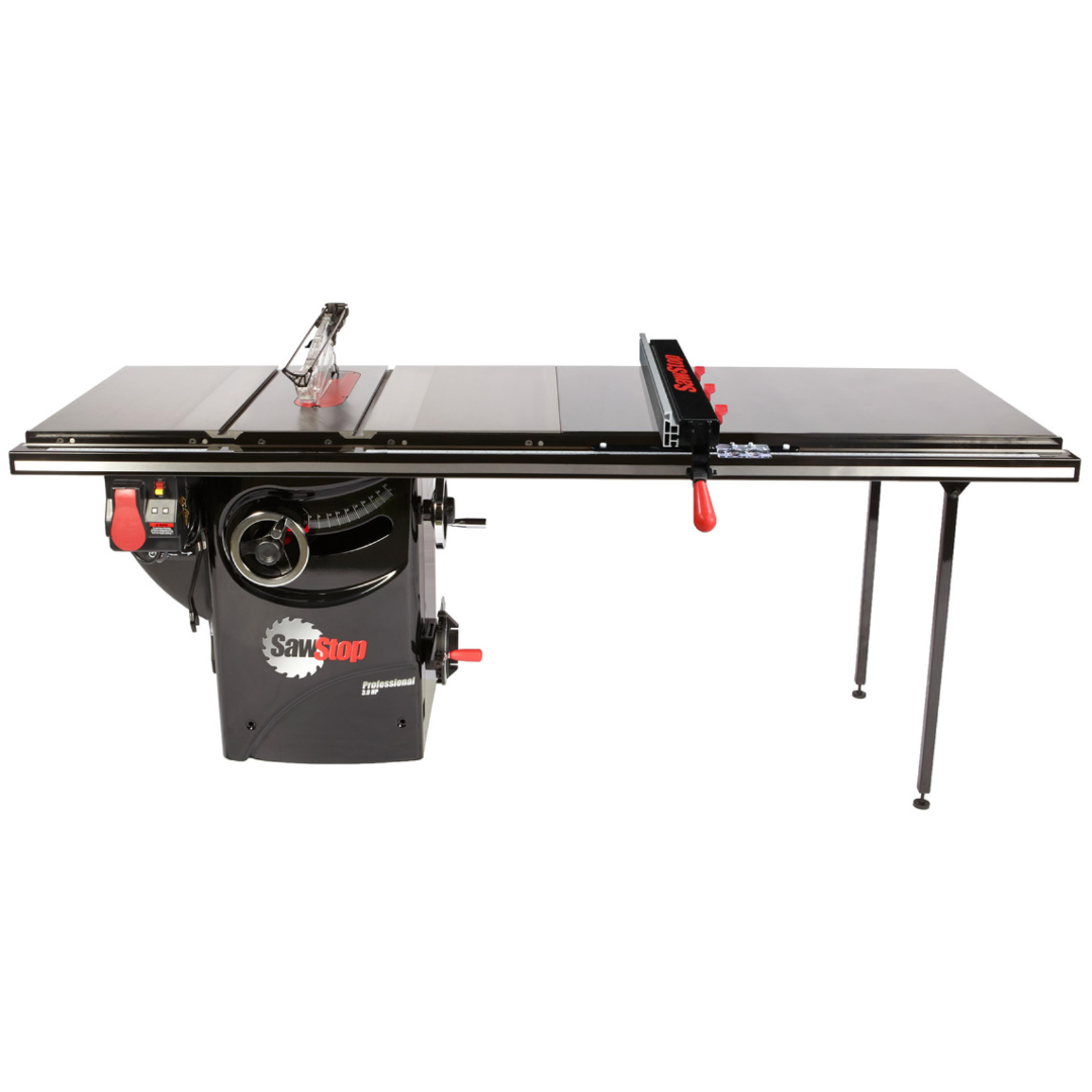 SawStop Professional Cabinet Saw with 52-inch fence system, precision cast iron table, and industry-leading safety technology for professional woodworking applications.