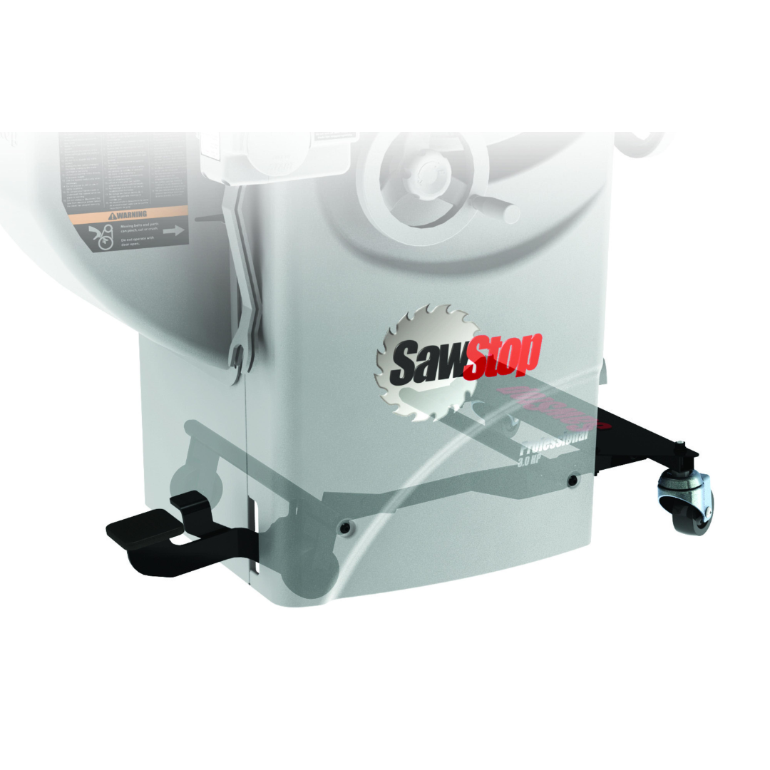 SawStop Professional Integrated Mobile Base MB-PCS-000 installed beneath a Professional Cabinet Saw, featuring an integrated low-profile design with durable casters for smooth workshop mobility.