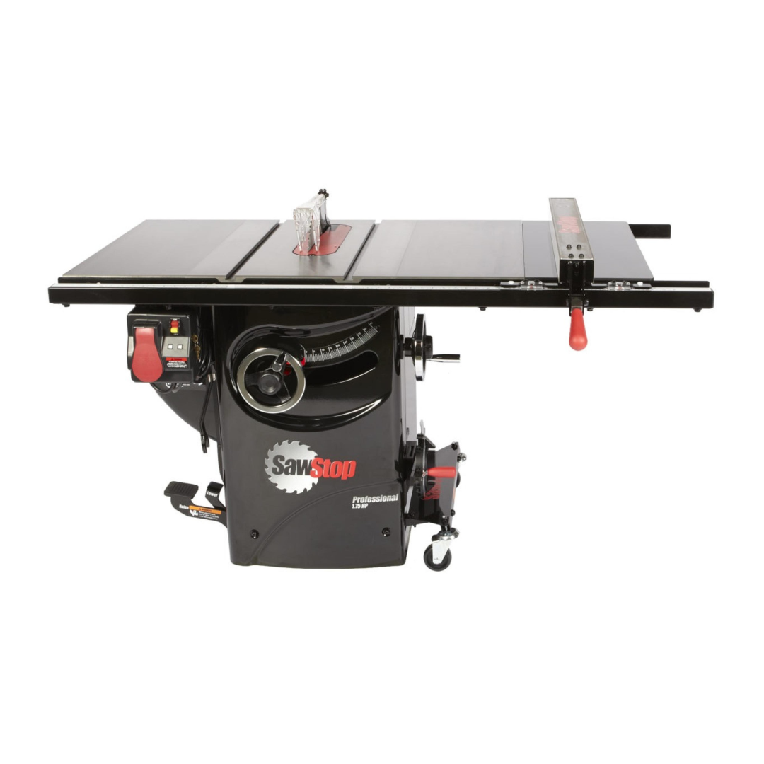SawStop Professional Integrated Mobile Base MB-PCS-000 mounted on a Professional Cabinet Saw, providing seamless mobility while maintaining a compact integrated appearance.