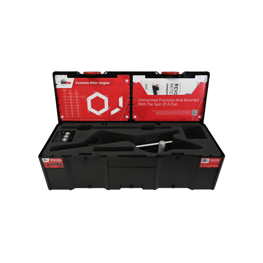 SawStop Revolution Miter Gauge Systainer TSA-RMG-SYS complete precision miter gauge kit organized inside a durable Systainer storage case with custom compartments and accessories.