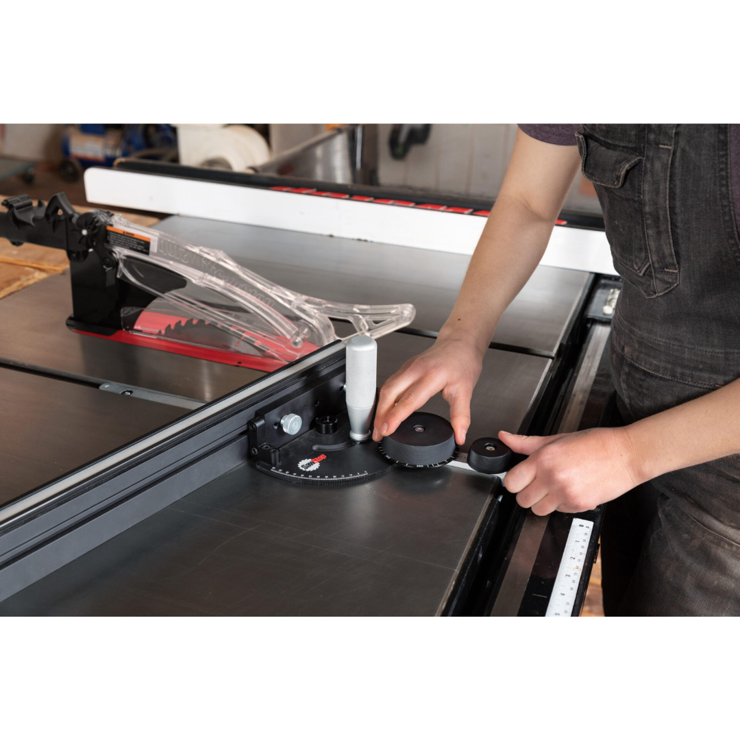 SawStop Revolution Miter Gauge TSA-RMG in use on a table saw, demonstrating precise angle adjustment and repeatable crosscut performance for woodworking applications.