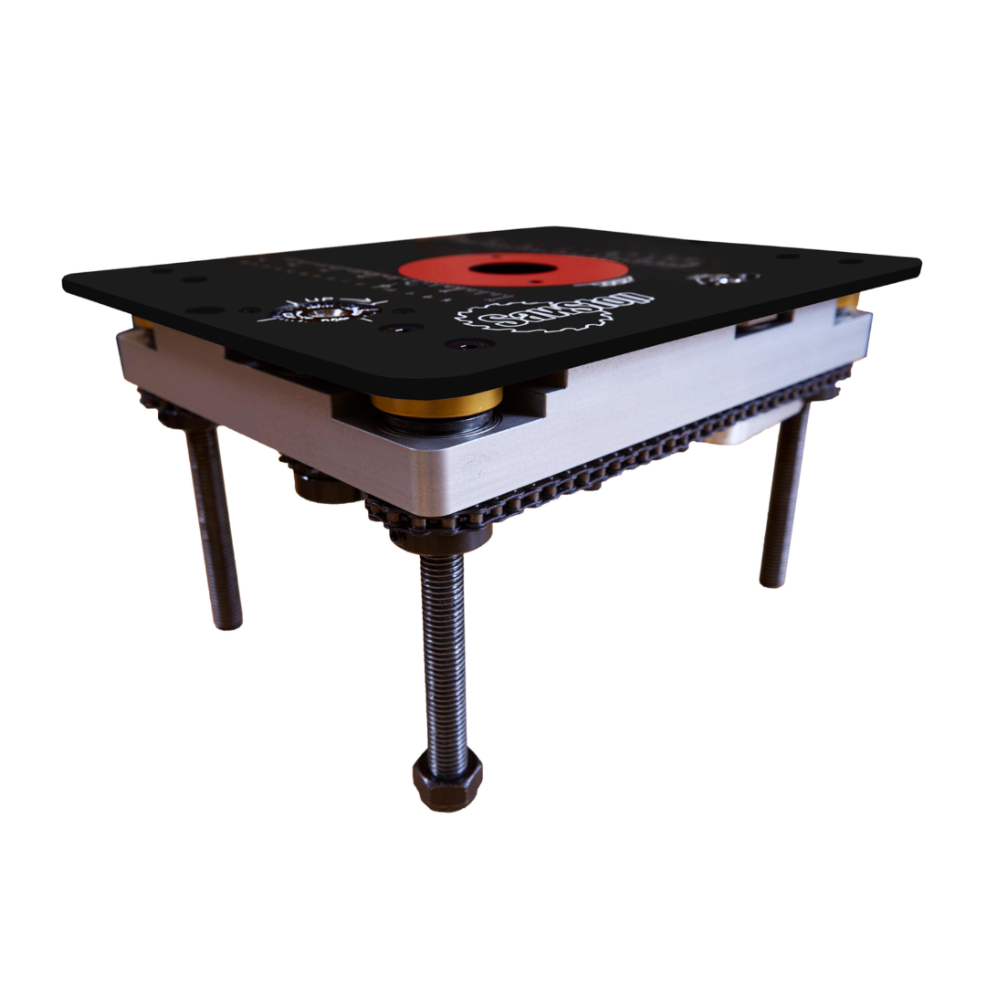 SawStop Router Lift RT-LFT precision router table lift system with durable black top plate, red insert ring, and height adjustment mechanism for accurate router bit positioning.