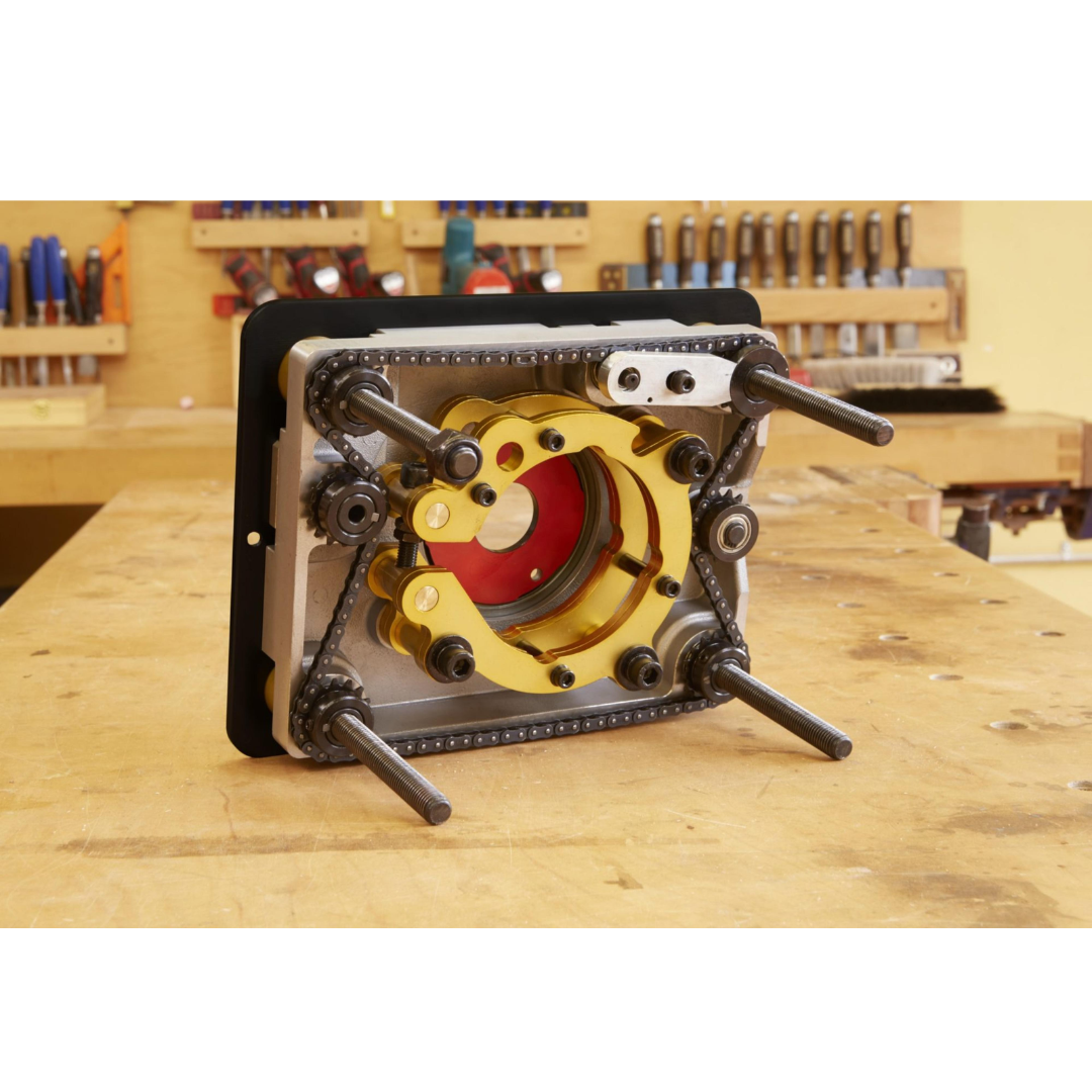 SawStop Router Lift RT-LFT underside assembly showing lift carriage, adjustment system, and precision engineering designed for smooth router height control.