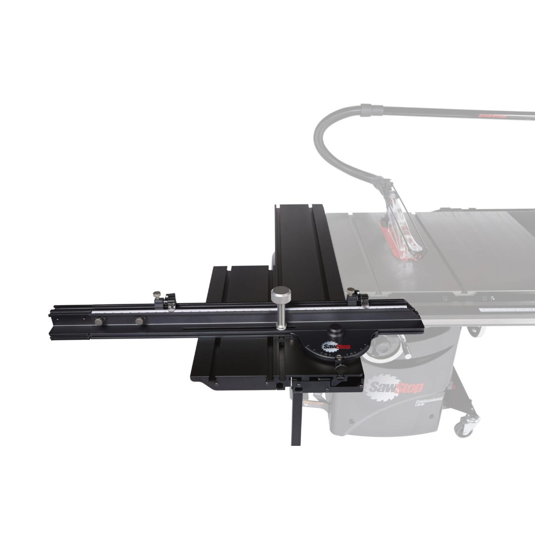 SawStop Sliding Crosscut Table TSA-SA48 mounted on table saw, featuring precision sliding carriage and extended crosscut support for accurate woodworking cuts.