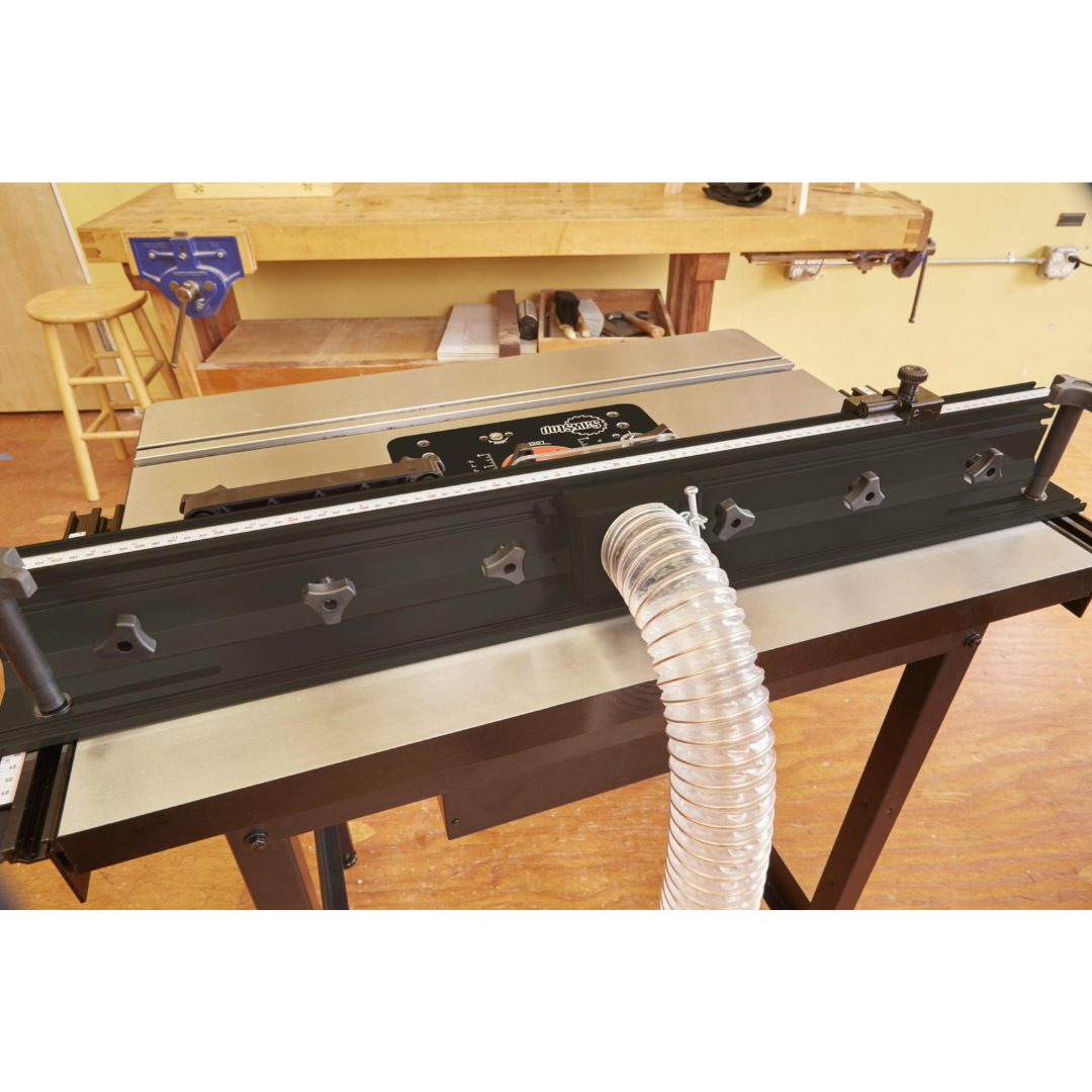 SawStop Standalone Router Table RT-FS close-up view highlighting the precision fence system, dust collection port, and adjustable routing controls for accurate woodworking performance.