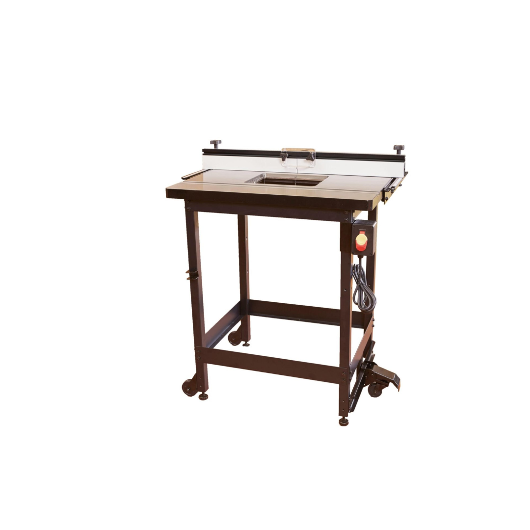 SawStop Standalone Router Table RT-FS complete workstation featuring a precision router table top, durable steel stand, integrated mobility system, and professional woodworking design.