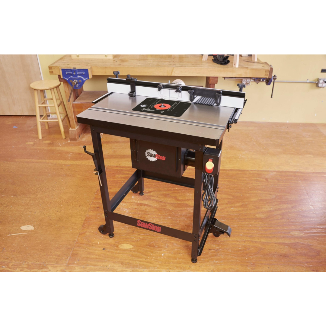 SawStop Standalone Router Table RT-FS installed in a workshop environment, providing a stable routing platform for precision edge profiling, joinery, and shaping operations.