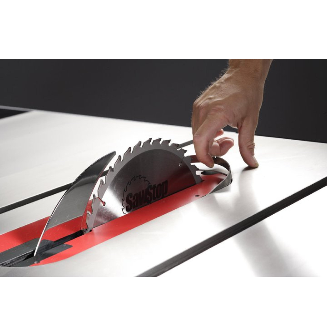 SawStop Standard Zero Clearance Insert TSI-SLD installed on a compatible SawStop table saw, demonstrating improved workpiece support and cleaner cuts through a precision zero-clearance blade opening.
