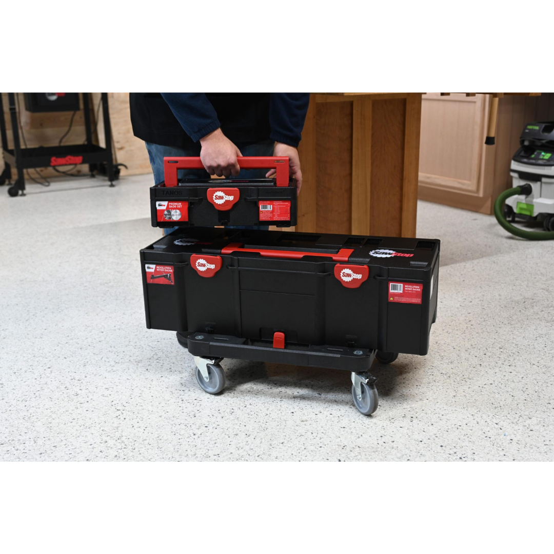 SawStop Systainer Cart SYS-CART in workshop use with stacked Systainer storage cases, demonstrating convenient mobility, secure transport, and organized tool storage.