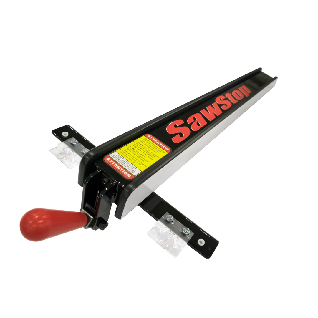 SawStop T-Glide Advance Fence assembly showing the robust fence body, locking mechanism, and precision alignment system designed for repeatable cutting accuracy.