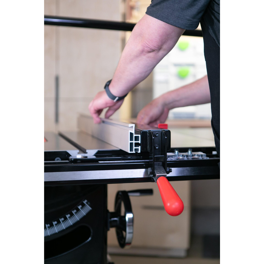 SawStop T-Glide Advance Fence being adjusted on a table saw, showcasing the intuitive locking mechanism and easy fence positioning system.