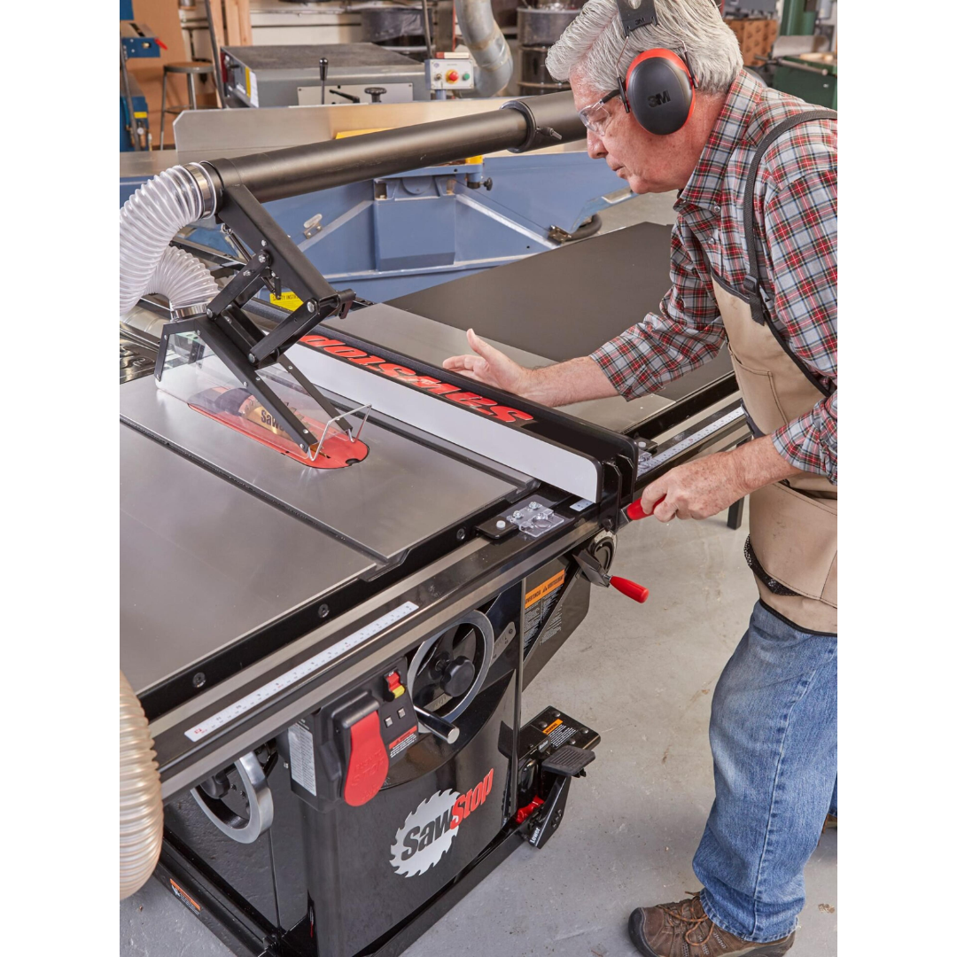 SawStop T-Glide Advance Fence in active workshop use, delivering accurate fence positioning and repeatable ripping performance for woodworking projects.