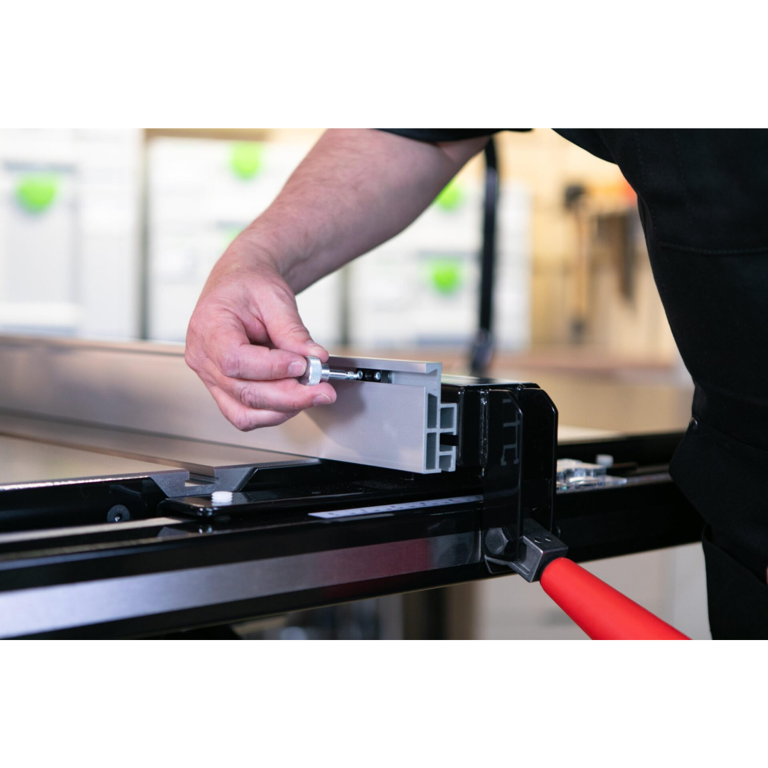 SawStop T-Glide Advance Fence locking assembly detail highlighting the robust construction and precision alignment features.