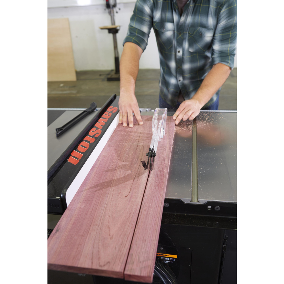 SawStop T-Glide Advance Fence supporting a large workpiece on a table saw, showcasing reliable fence alignment and enhanced cutting precision.