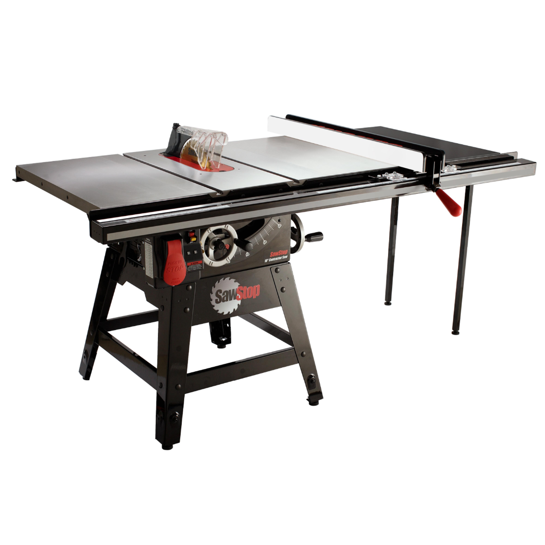 SawStop Two Cast Iron Wings CNS-CIWA installed on a contractor table saw, providing increased table area for enhanced cutting stability and precision.