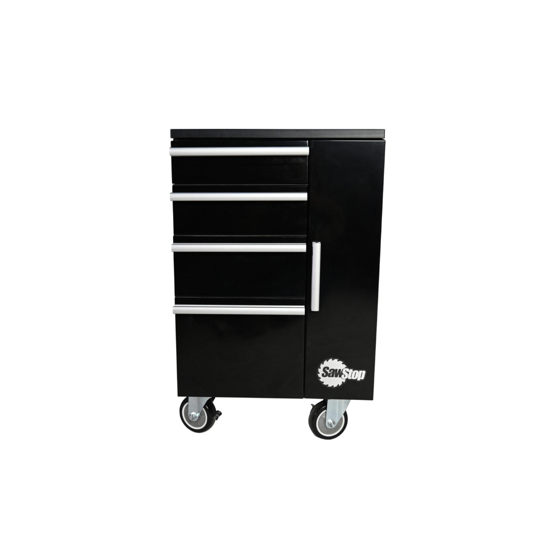 SawStop Under Table Cabinet 18″ TSA-UTC18 compact mobile storage cabinet featuring multiple drawers and durable steel construction for organizing table saw accessories and woodworking tools.