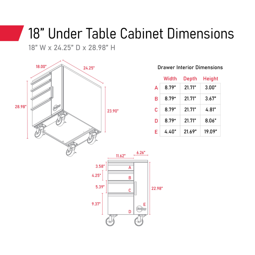 SawStop Under Table Cabinet 18″ TSA-UTC18 dimensional diagram illustrating cabinet measurements and fitment specifications for compatible SawStop table saw configurations.