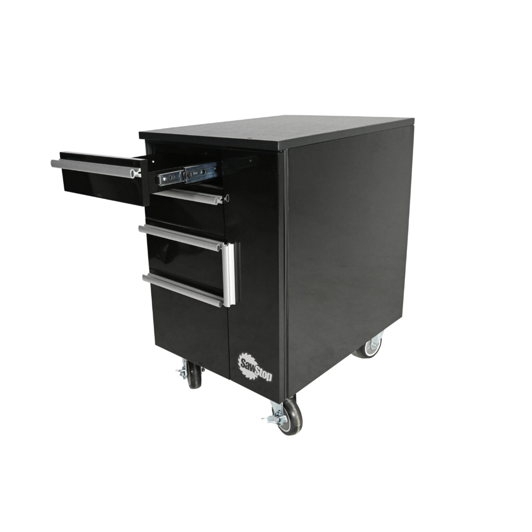 SawStop Under Table Cabinet 18″ TSA-UTC18 side view highlighting the cabinet's compact footprint, heavy-duty construction, and integrated storage capacity.