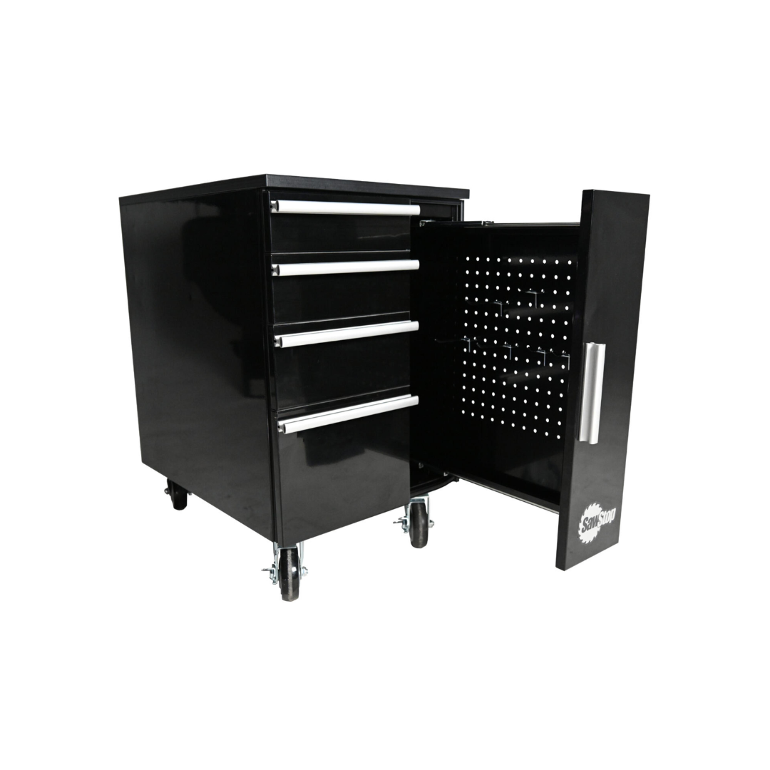 SawStop Under Table Cabinet 18″ TSA-UTC18 with drawers and storage compartment open, providing organized access to woodworking tools, accessories, and consumables.