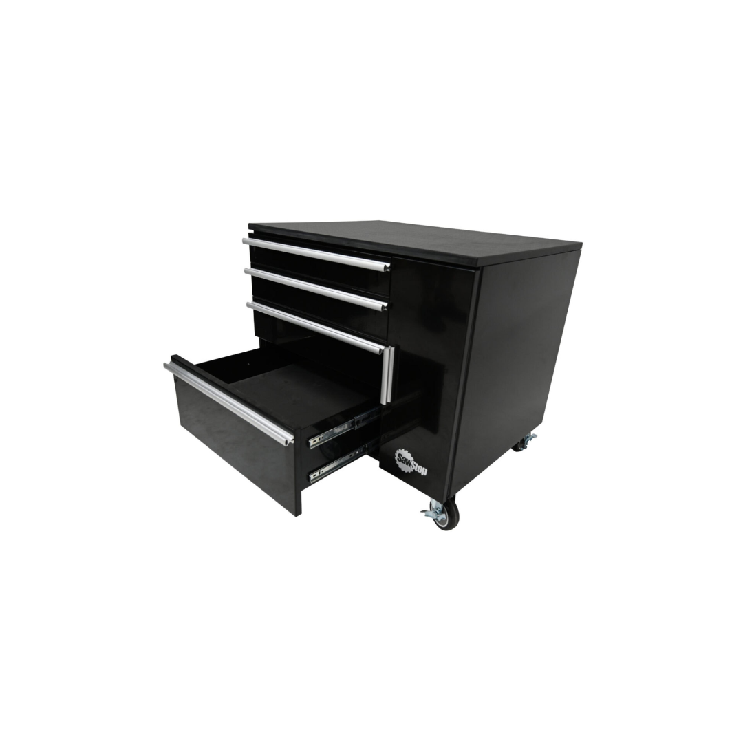 SawStop Under Table Cabinet 32″ TSA-UTC32 with drawers extended, highlighting spacious tool storage capacity and easy-access organization for table saw accessories.