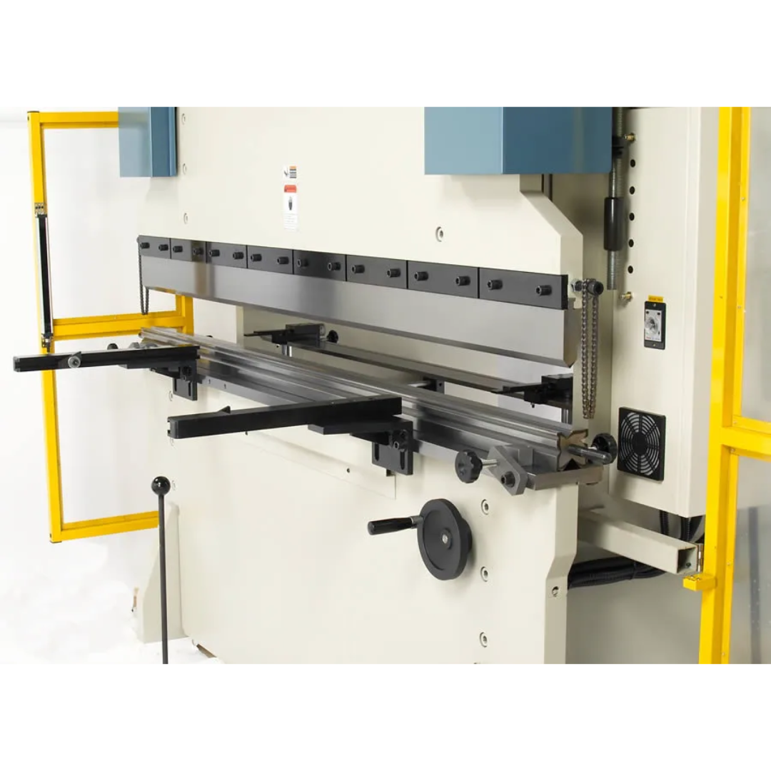 Side-angle detail of Baileigh Hydraulic Press Brake BP-9078NC 1000839 showing safety guarding, bending tooling, and hydraulic press brake work area for industrial metalworking applications.