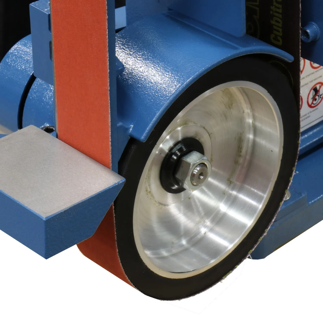 Side-angle diagram view of the Baileigh Two Wheel Belt Grinder BG-248-2 1019092 illustrating adjustable grinding positions and versatile operating configurations.