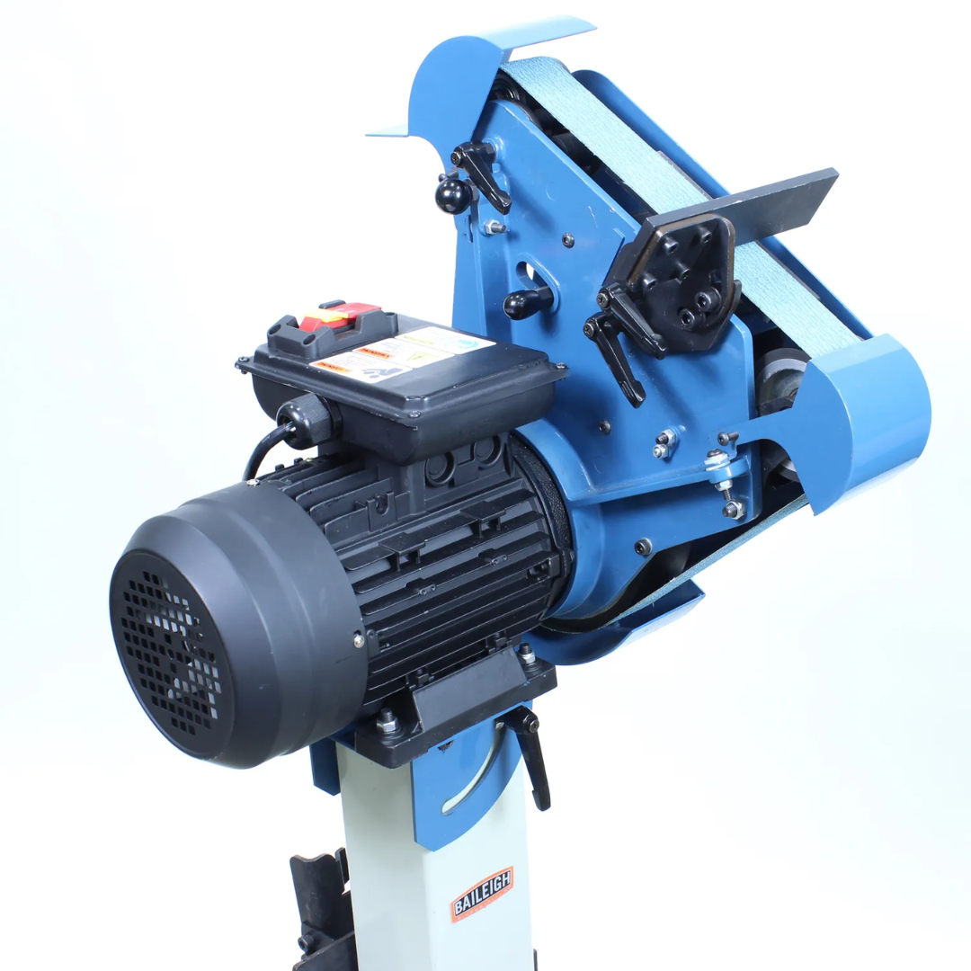 Side-angle view of Baileigh Belt Grinder - BG-248-3 1000655 showing the powerful motor assembly, belt tracking system, and heavy-duty construction for continuous grinding performance.