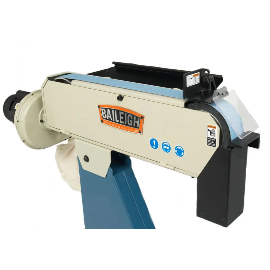 Side-angle view of the Baileigh Belt Grinder BG-379 1000680 showcasing the belt tracking assembly, adjustable grinding area, and industrial-grade construction for precision surface finishing.