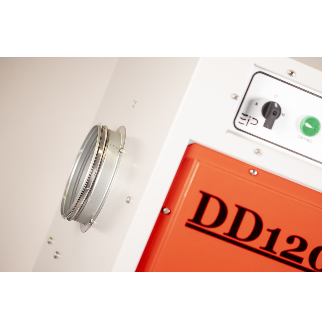 Side airflow duct connection on Ebac DD1200 Desiccant Dehumidifier used for process air and regeneration airflow in commercial humidity control applications